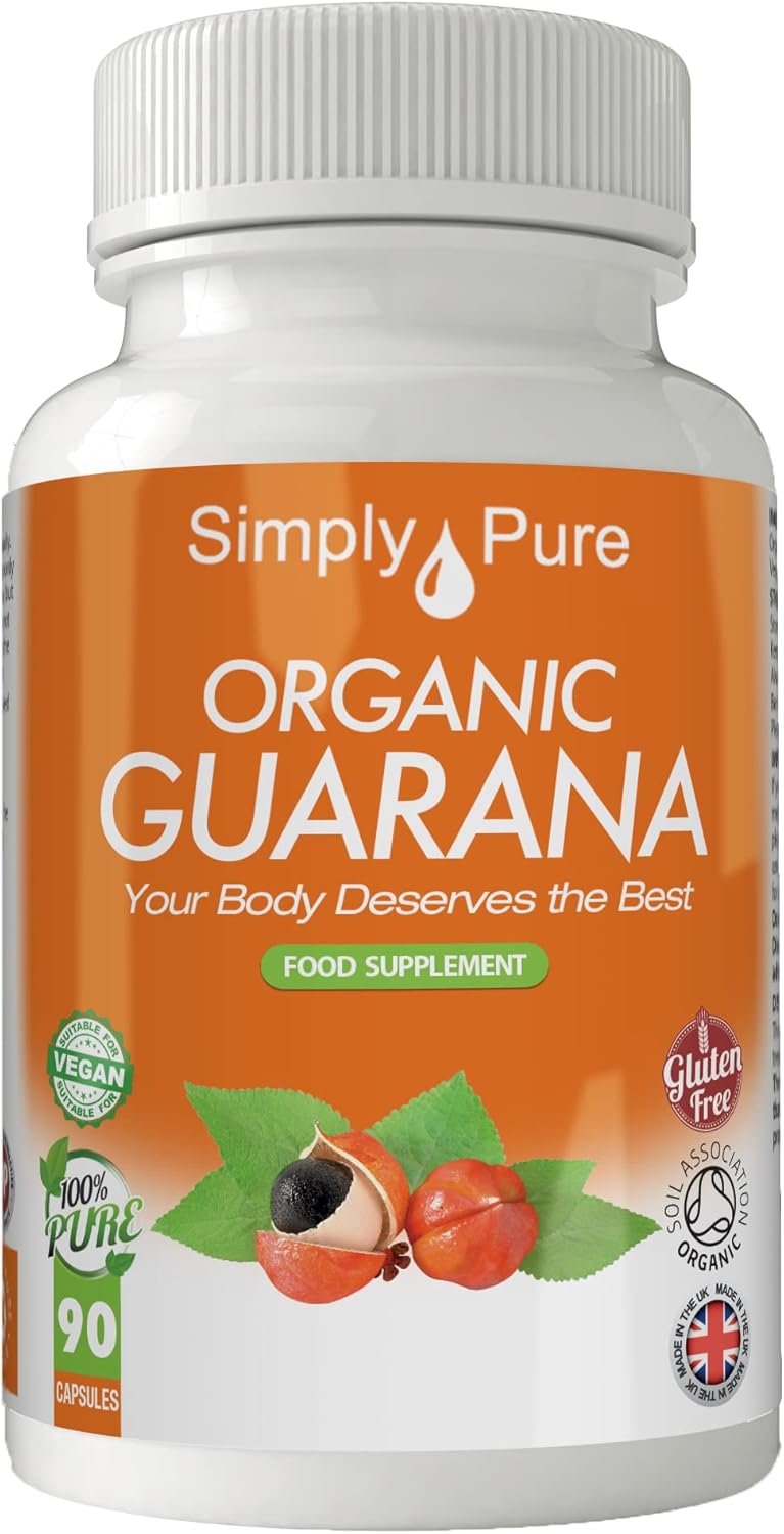 Simply Pure Organic Guarana for Alertness, Focus & Mental Energy Boost | 500mg Capsules x 90 | 100% Pure Soil Association Certified | Gluten Free | GM Free | Vegan