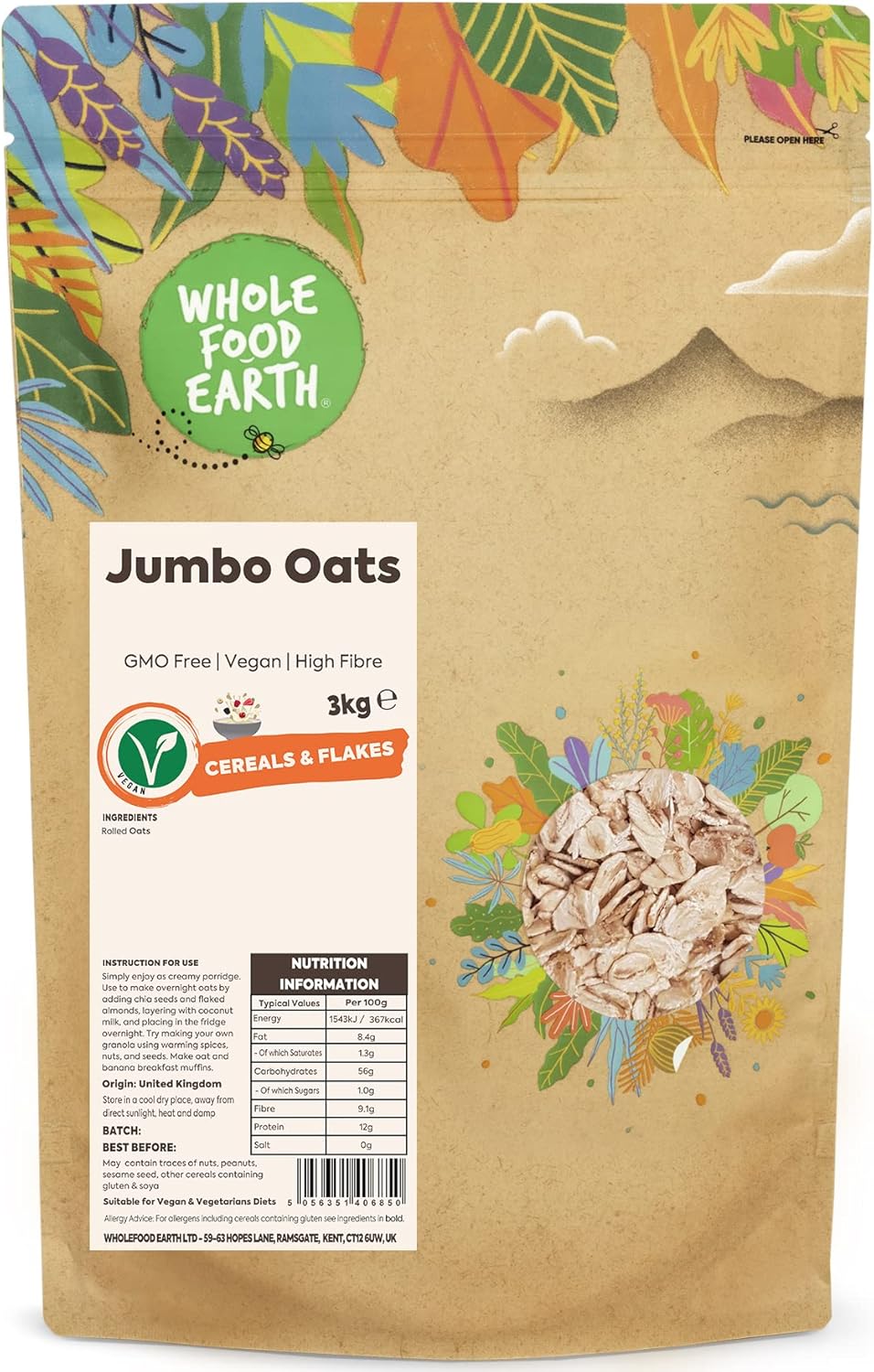 Wholefood Earth Jumbo Oats - 3kg - High Fiber - High Protein (Packing May Vary)
