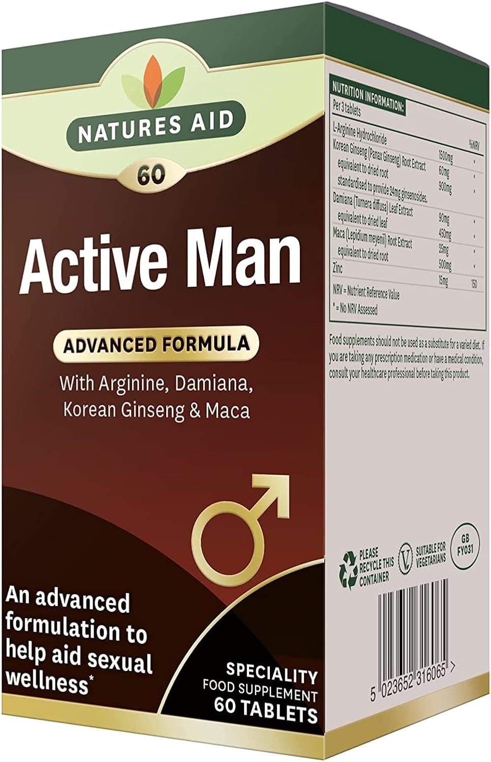 Natures Aid Active Man Tablets - High Strength Supplement with Zinc Maca Ginseng and Damiana - Supports Men’s Health Energy Vitality Immunity and Performance - Vegan Gluten Free Non-GMO - 60 Tablets