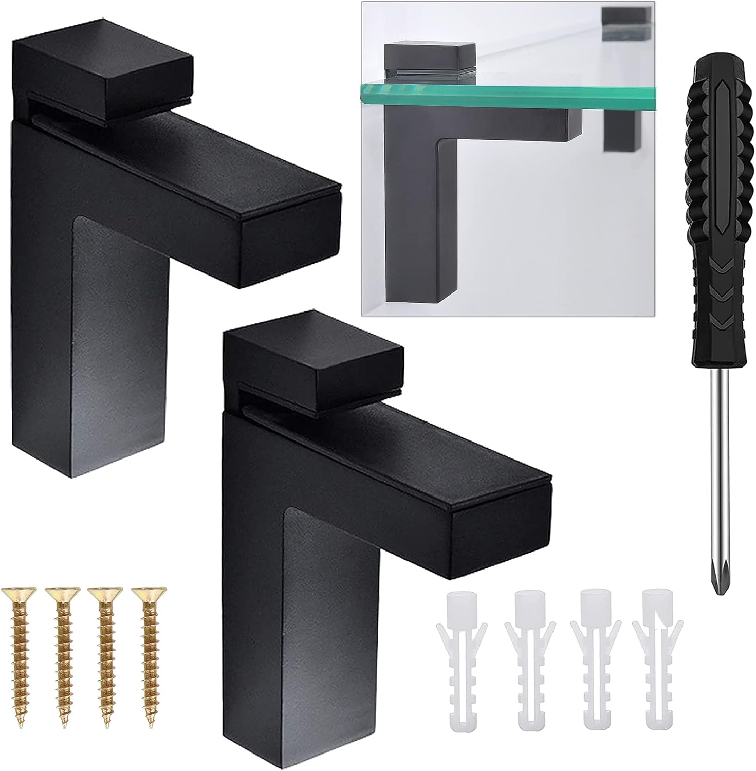 WeqeYent 2 PCS Large F Shape (98 x 76 mm) Black Adjustable Wood/Glass Shelf Brackets,Wall Mounted Glass Shelf Holders with Screwdriver,Floating Glass Clamp,Fit 5-30mm Shelves