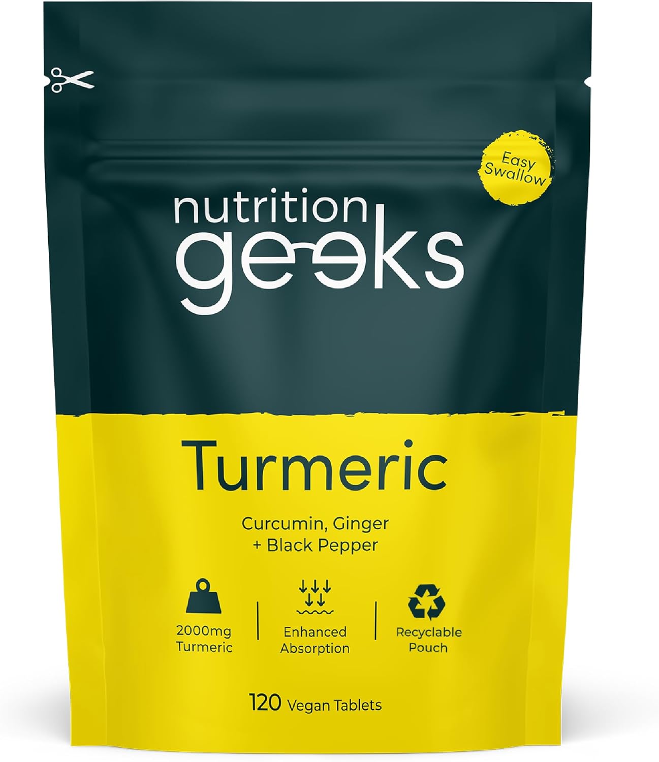 Turmeric Tablets 2000mg with Black Pepper & Ginger - 120 High Strength Curcumin Supplements - Easy Swallow Tablets (Not Turmeric Capsules or Powder) - Vegan - UK Made (Packaging Design May Vary)