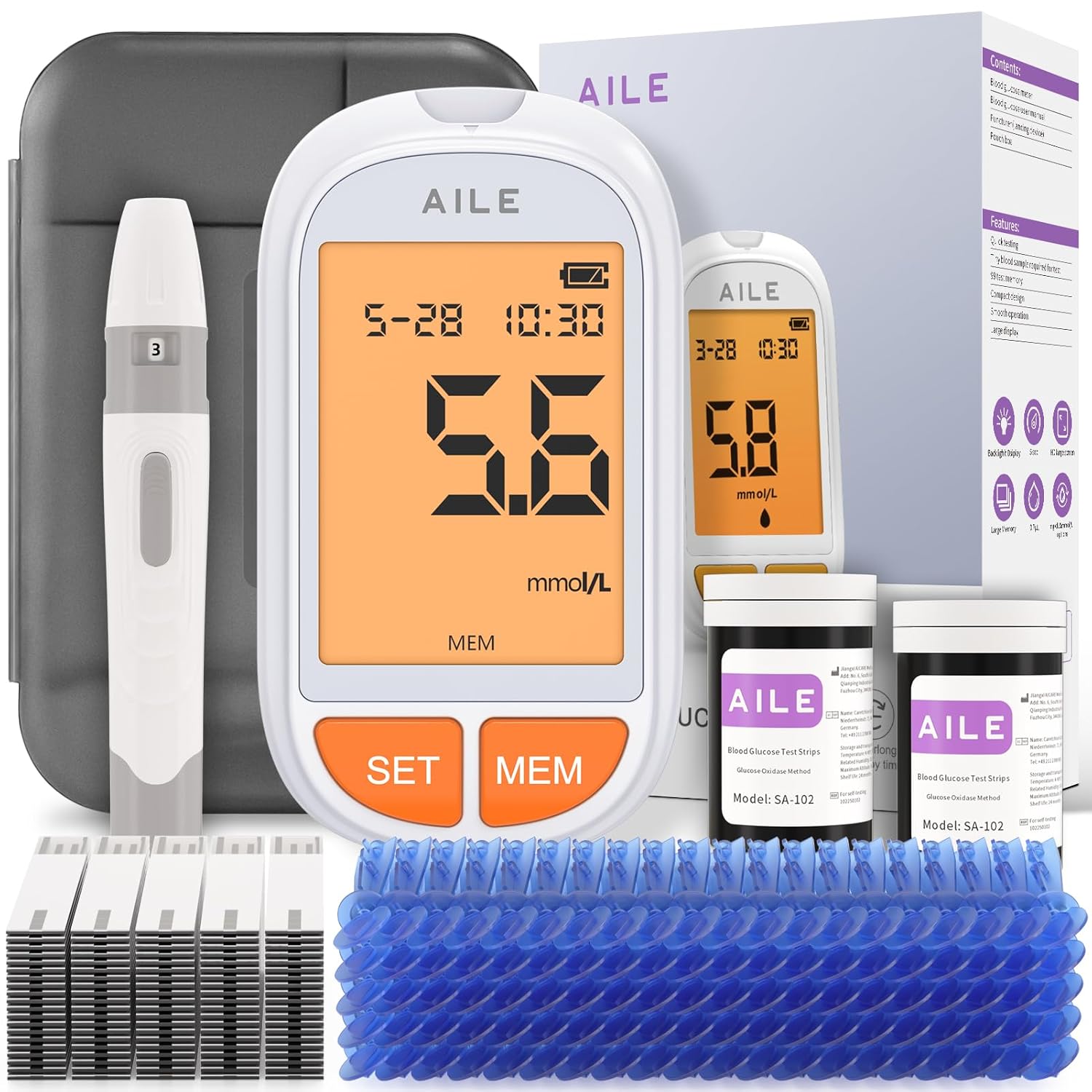 AILE Blood glucose Monitor Kit for Diabetes: Blood Sugar Meter Test Kit Test Strips x 50 and Low Pain Lancing Devices x 50 for Home Use Testing Monitoring with Vioce Broadcast (A601 (50 Kit))