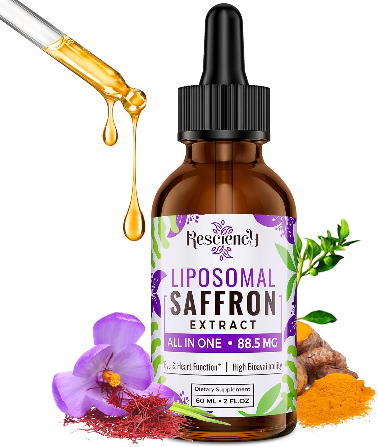 Saffron Supplements - 88.5 mg Saffron Extract Better Bioavailability Liposomal Drops for Mood, Energy, Vision & Focus with Ashwagandha, Turmeric, Magnesium, Zinc, Vitamin B12 & D3, 60 ml, 30 Servings