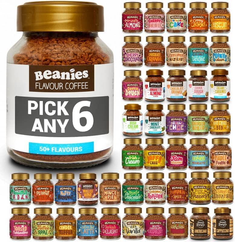 Beanies Flavoured Instant Coffee Pick Any 6 Jars (50g) from 38+ Blends Inc. Chai Latte, Nutty Hazelnut, Mocha, Creamy Caramel, Amaretto Almond, double chocolate, mince pie