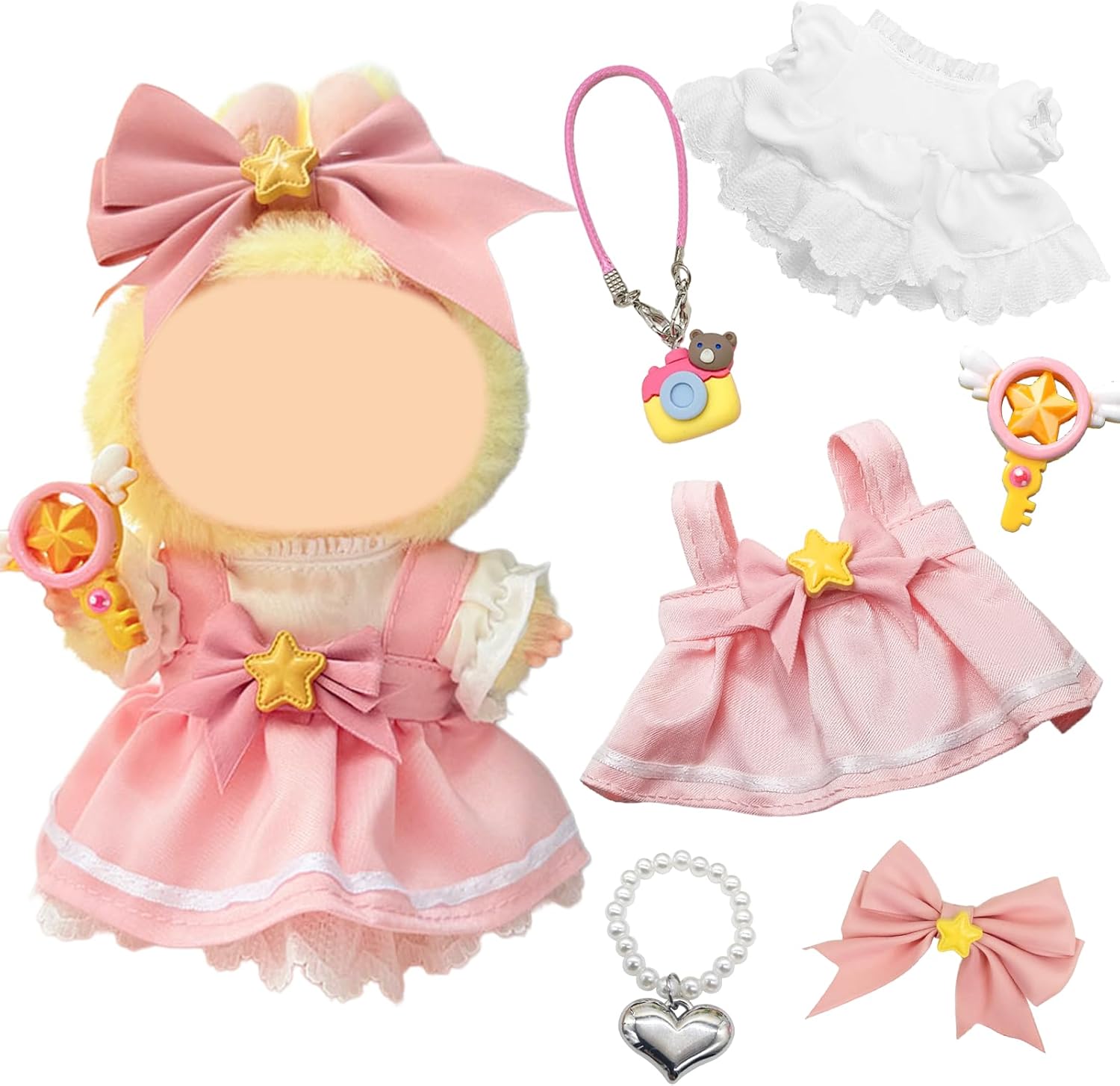 6 Pcs Doll Clothes Compatible with Labubu 17cm Dolls, Pink Cherry Doll Dress Accessories Sets Include 1 Blouse 1 Strap skirt 1 Bow Hair 1 Magic Wand 1 Necklace 1 Pendant Girl for Best Gifts, No Doll