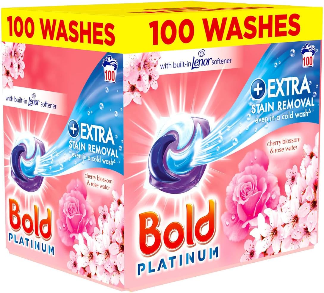 Bold Platinum Pods 100 Washes Laundry Detergent, Cherry Blossom & Rose Water Scent, Extra Stain Removal Even In Cold Wash