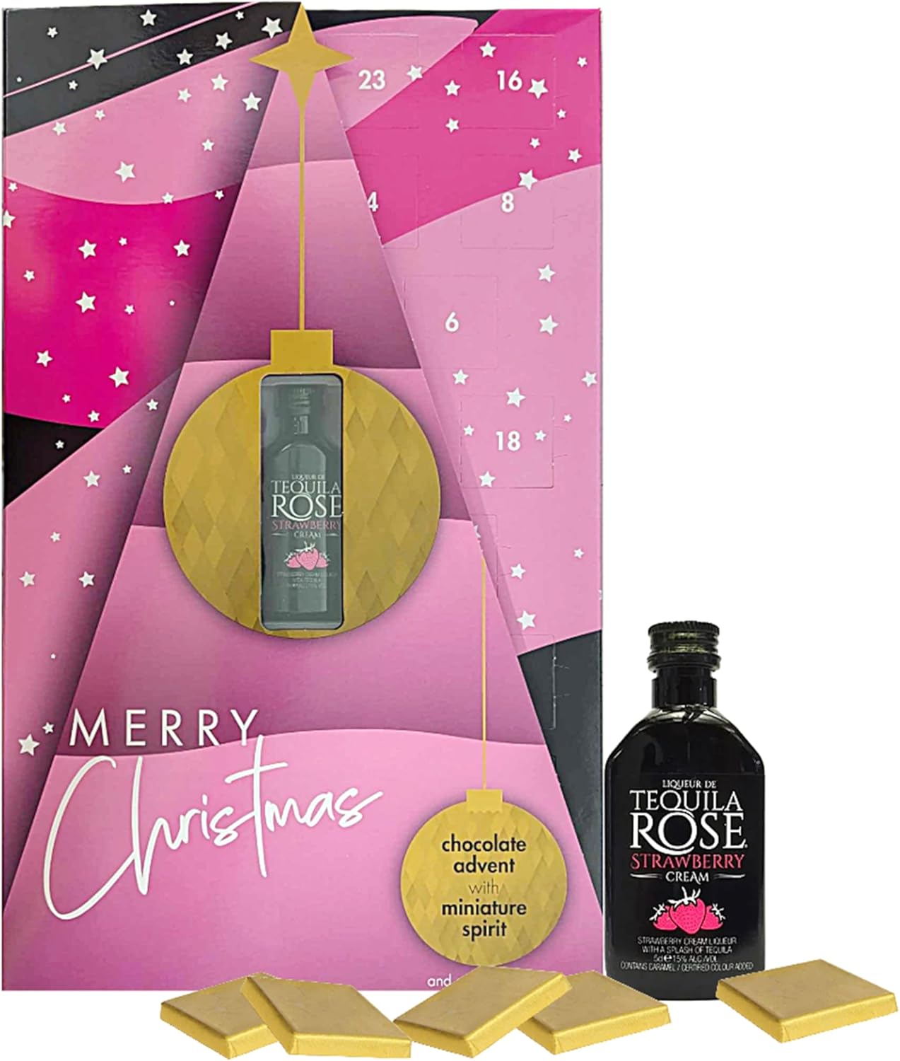 Tequila Rose Advent Calendar 2024 - Strawberry Cream Liqueur 5cl Miniature Alcohol Bottles with 24 Days Christmas Countdown Chocolate Squares with Topline Card. Great Christmas Gifts for Women