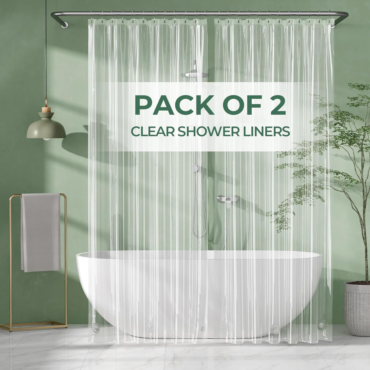 AmazerBath Shower Curtain Liner 2 Pack, 72 x 96 Inches Extra Long PEVA Plastic Shower Liner with 3 Weighted Stones and 12 Rustproof Metal Grommet, Lightweight Waterproof Shower Curtain - Clear