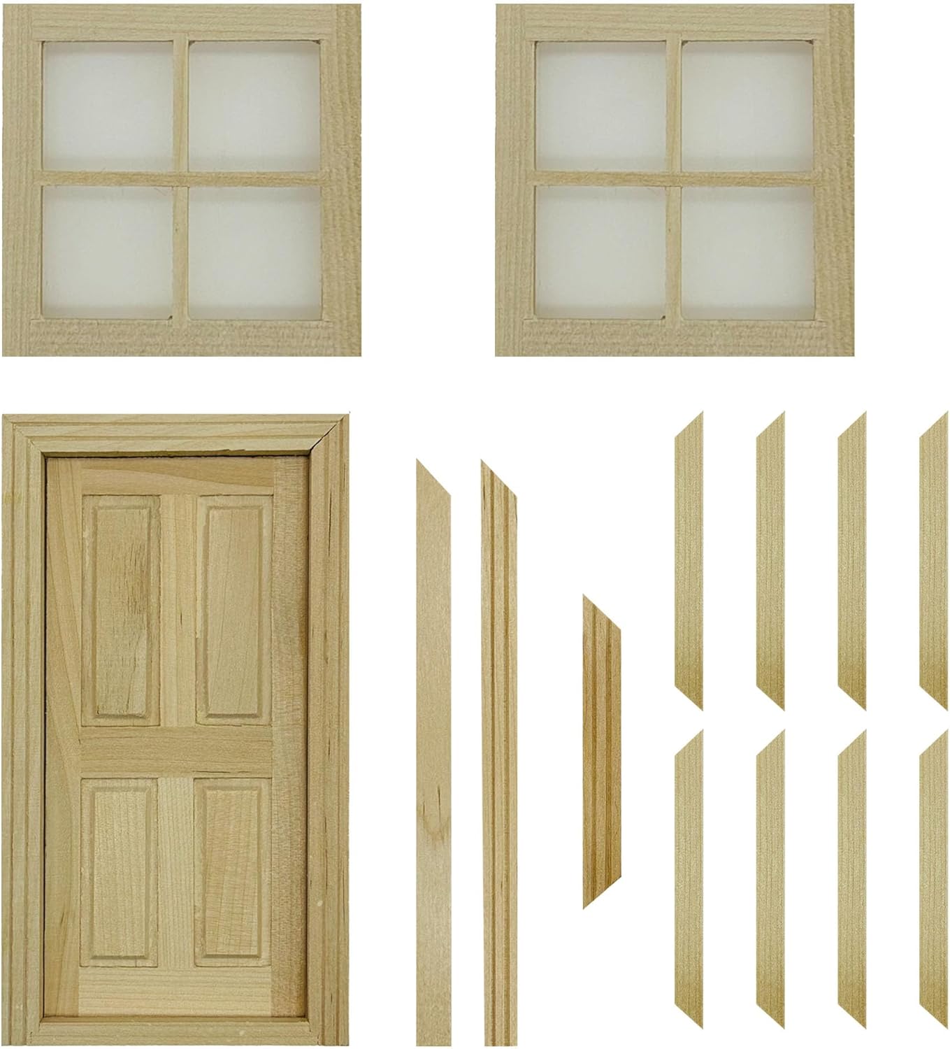 Cayway 2 PCS Dollhouse Windows, 1 PCS Miniature Wooden Door,1:12 Scale Mini Window Frame for DIY Dollhouse or Model Town Accessory