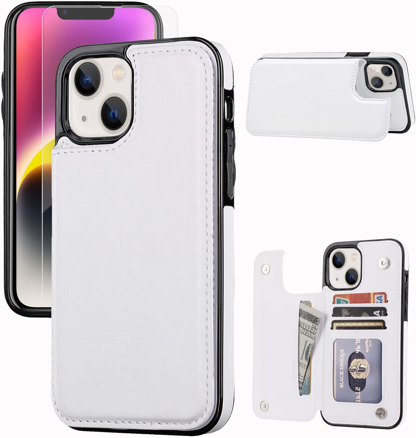 Wallet Case Compatible with iPhone 14 Plus 6.7", Slim Protective case with Card Holder,Premium PU Leather Kickstand Card Case with a Free Screen Protector-White