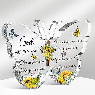 Barydat Acrylic Christian Gifts Bible Verses Religious Gifts for Women Men Inspirational Scripture Butterfly Prayer Room Decor Faith Keepsake Paperweights for Christmas Home(God Says)