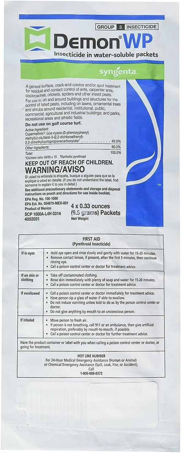 Syngenta - H-AP-2319890 - Demon WP Insecicide, 1 Envelope (9.5g) containing 4 (0.33 ounces) packets Clear white