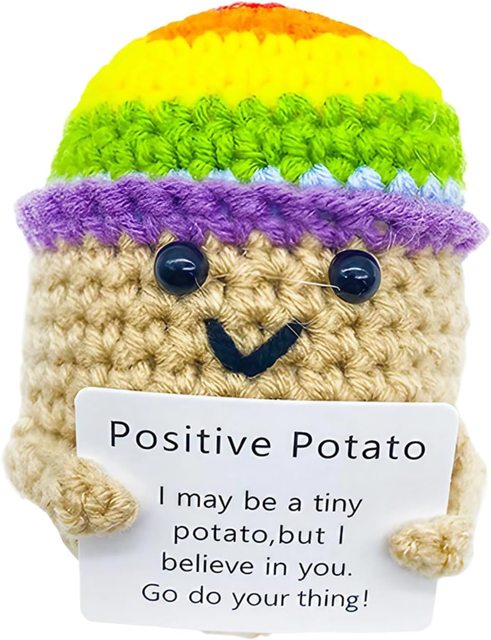 Huipalon Funny Crocheted Potato, Emotional Support Plush with Card, Little Potato Wearing Rainbow Hat, Office Decoration, Friendship Gifts Cheer Up Gifts Positive Gifts for Women Men