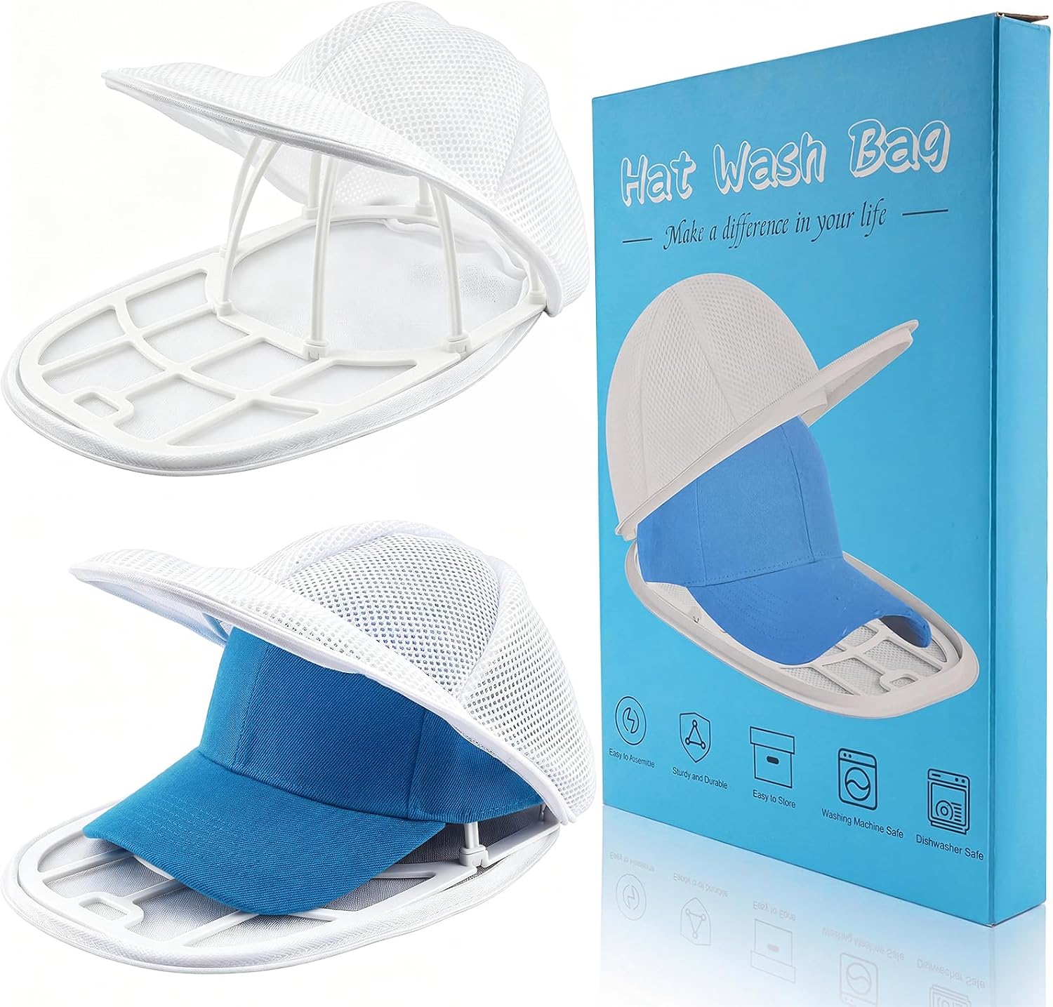 Eiito Hat Washer Cage Hats Cleaner, 4 Pcs (2 Cages + 2 Mesh Bags) | Hat Washer for Baseball Caps for Washing Machine or Dishwasher, Ball Cap Washing Frame for Flat & Curved Hats, White