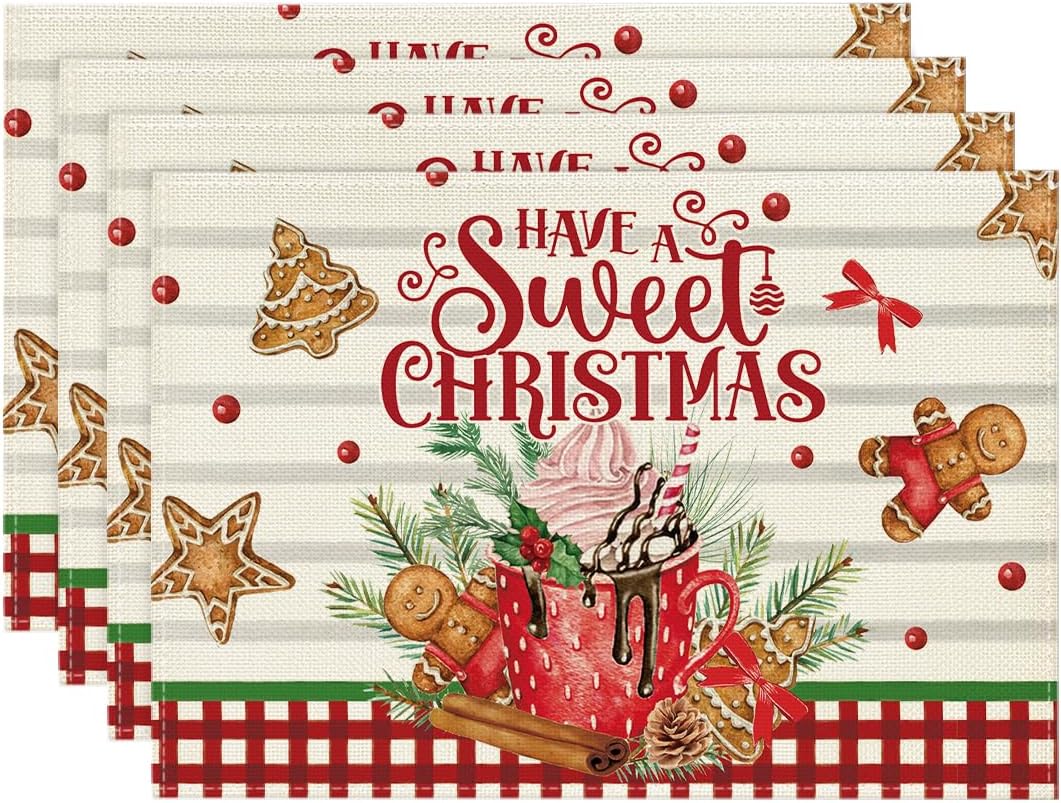 Artoid Mode Ice Cream Gingerbread Sweet Christmas Placemats Set of 4, 12x18 Inch Seasonal Winter Christmas Table Mats for Party Kitchen Dining Decoration