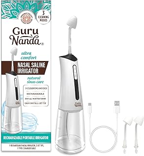GuruNanda Nasal Saline Irrigator with 2 Nasal irrigator Tips, Portable & Cordless, 300 ml Water Tank, 3 Modes, Rechargeable for Sinus Relief