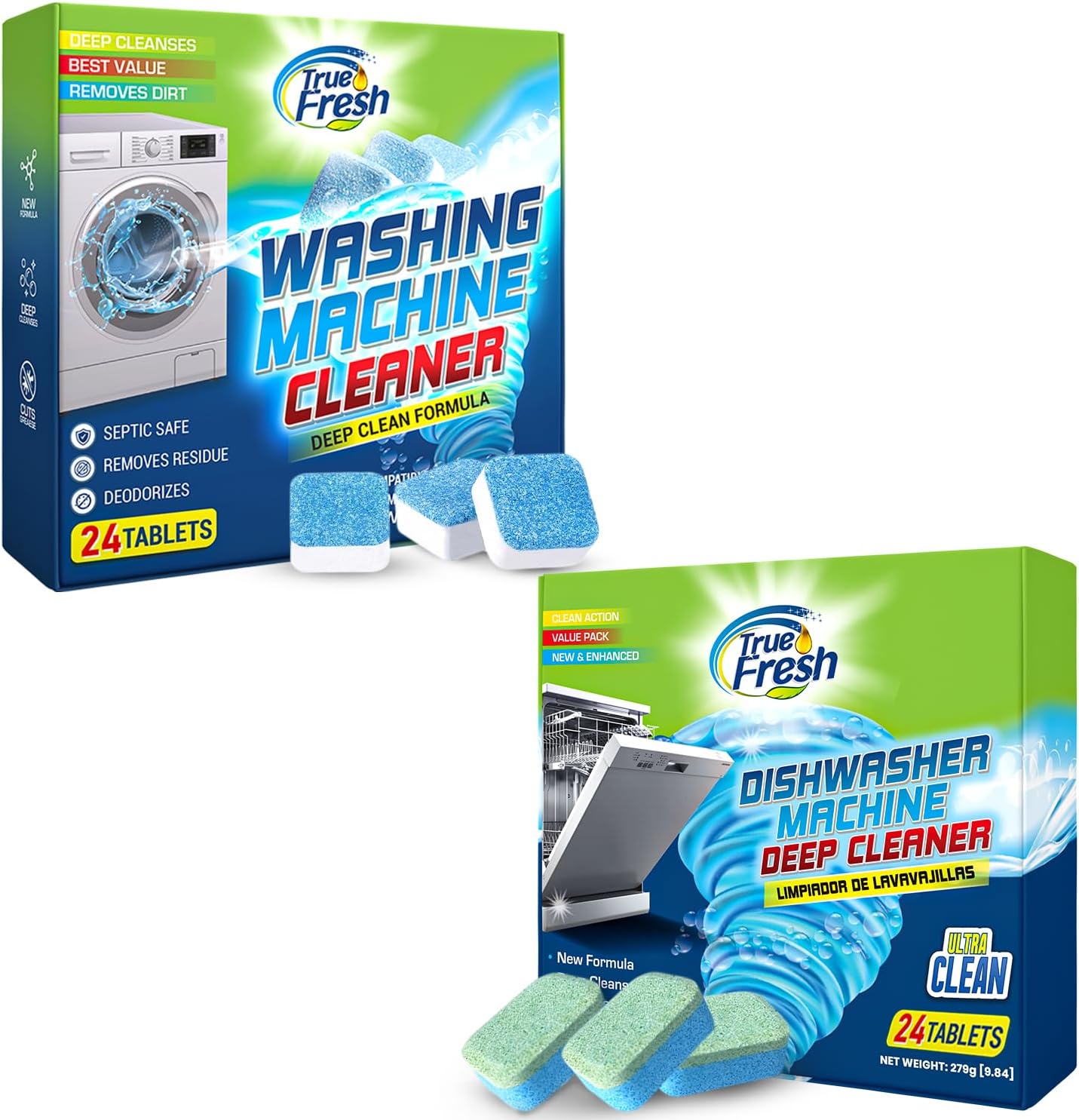 Washing Machine Cleaner & Dishwasher Cleaner Tablets - 48-Pack Bundle Compatible with Front Loader - Top Loader & He Machines and all Dishwashers Removes Buildup Lime Scales and residues - Septic Safe