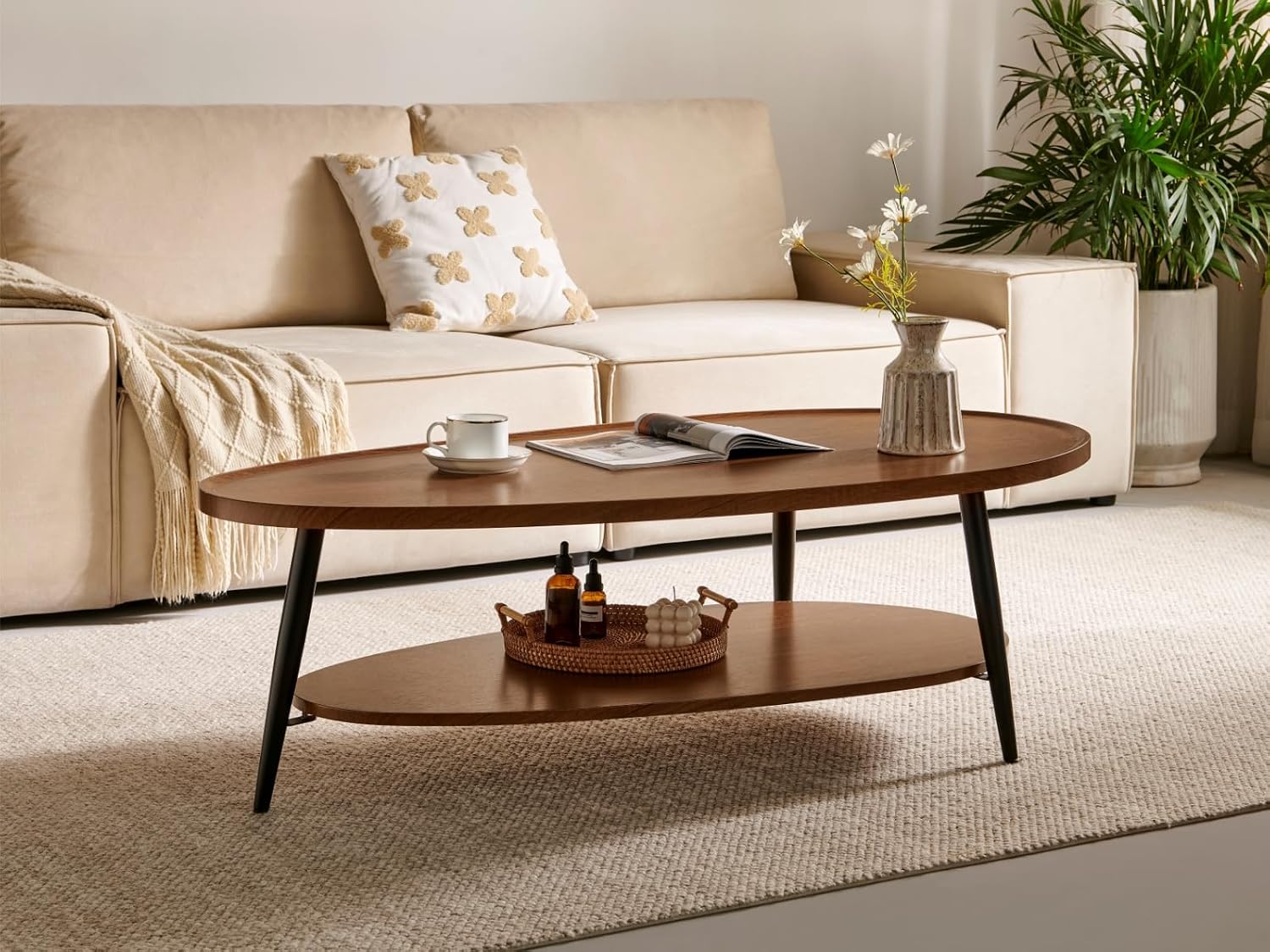 Saint Mossi Oval Wood Coffee Table, Mid-Century Modern Coffee Table, Double Layer Center Table for Living Room, D47xW23.6xH15, Espresso