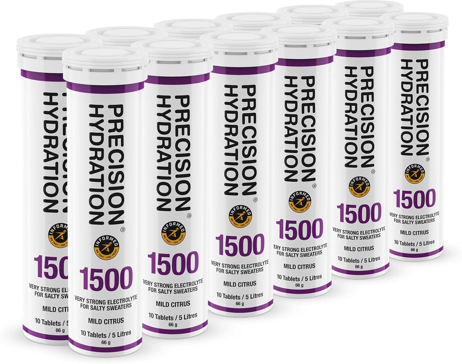 Precision Hydration Electrolytes Tablets - Multi Strength Effervescent Hydration Tablet - Low Calorie, Gluten Free, Vegan/Vegetarian Friendly, Mild Citrus Flavour (1500mg/l - Purple, 12 Tubes)
