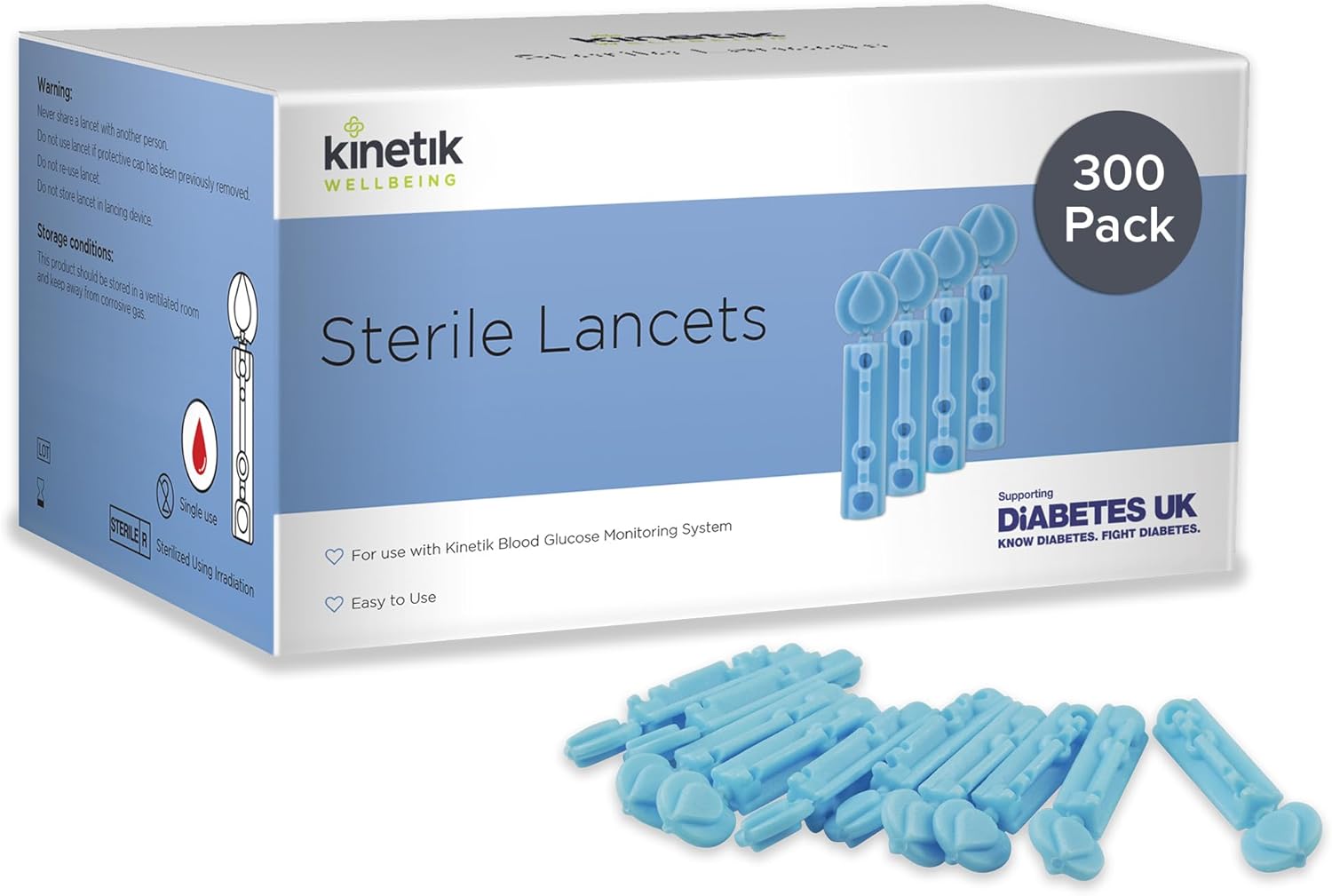 Kinetik Wellbeing Sterile Lancets Pack of 300 - Blood Glucose Testing Kit Lancets for Diabetes Management, Diabetic Finger Prickers - Blood Lancing Device, Type 1 & 2 Diabetics Accessories