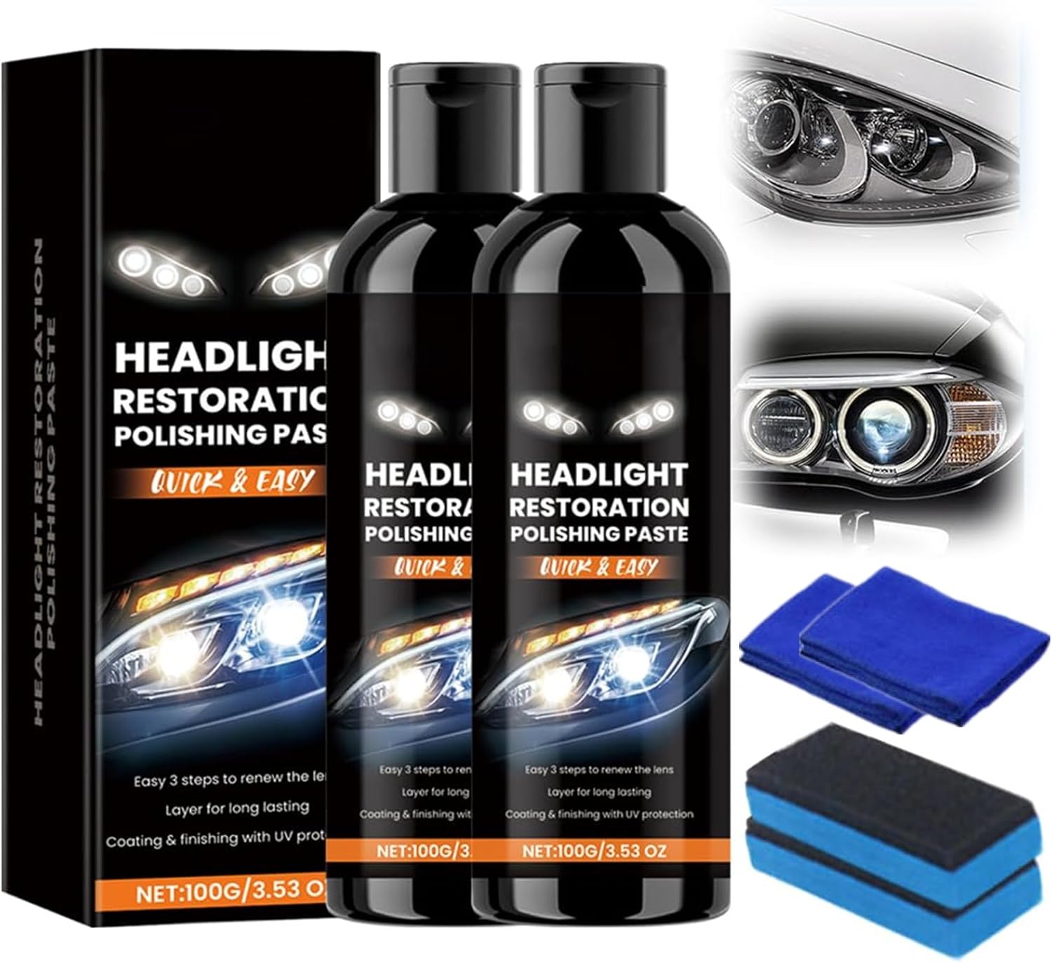 2Pcs Car Headlight Restoration Kit, 2025 Upgraded Headlights Stain Remover & Polishing Paste, Headlight Restorer Cleaner with Scratch Removal, Headlights Polish Cleaner for Lights Long-Lasting Clarity
