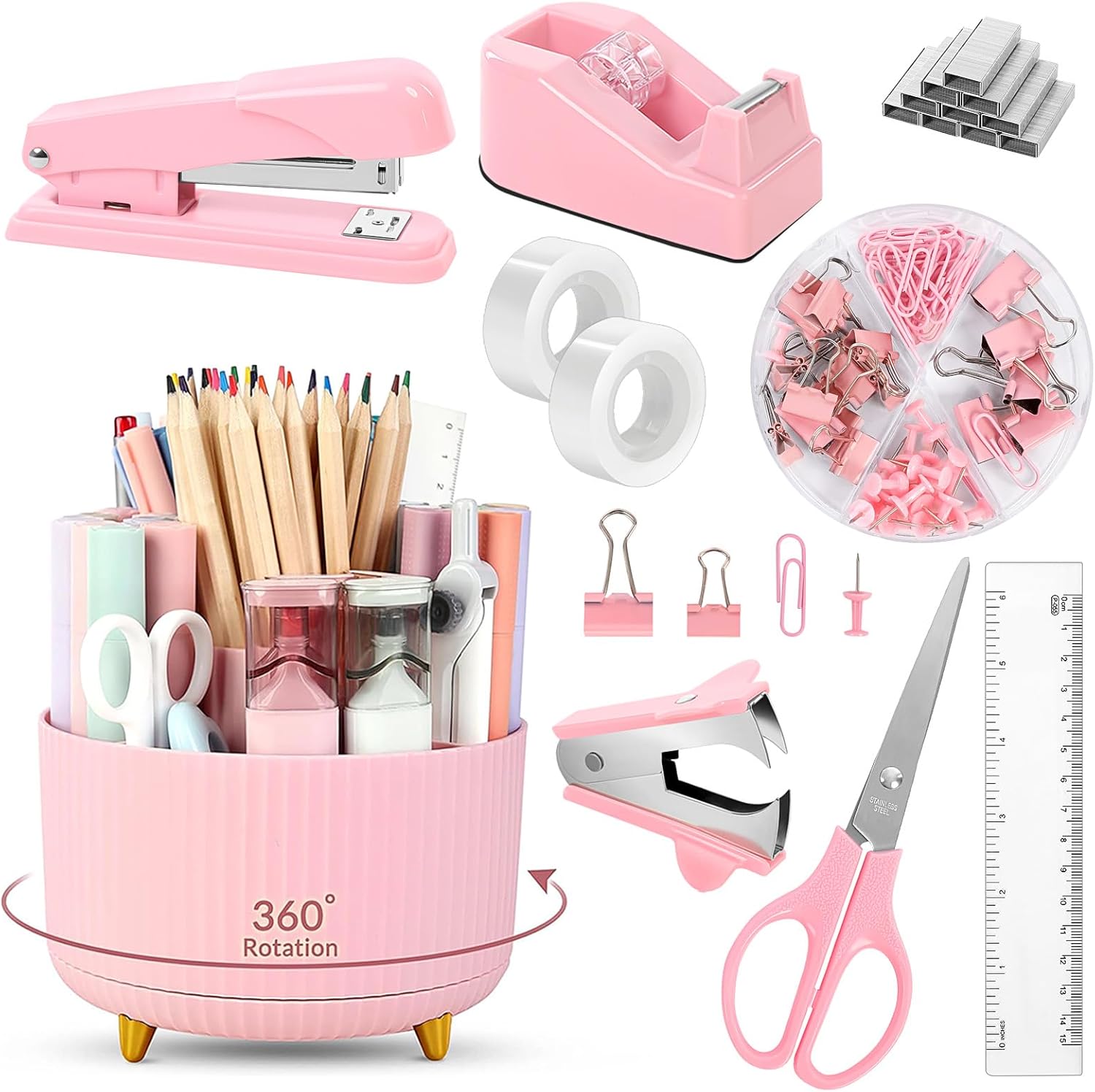 SKYDUE Pink Desk Accessories 10Pcs, 360-Degree Rotating Pen Holder, Stapler, Staple Remover, Tape Dispenser,2pcs Tape Refills, Binder Paper Clips Kit, Scissor,Pink Office Supplies