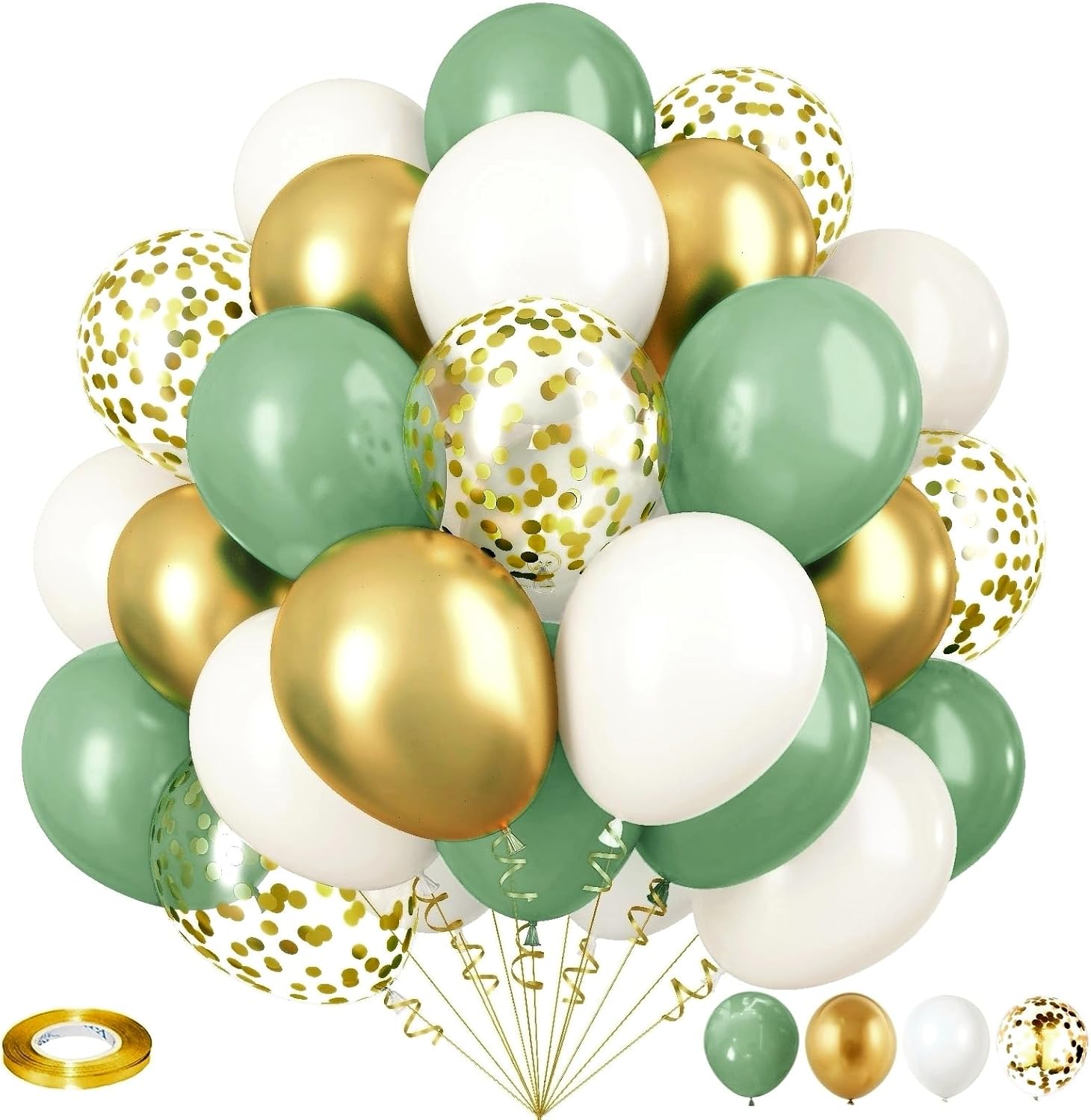 Isndare Sage Green and Gold Balloons, 12 Inch Olive Green White Metallic Gold Confetti Latex Balloons Set, Retro Green Gold Balloons for Birthday Wedding Jungle Baby Shower decor