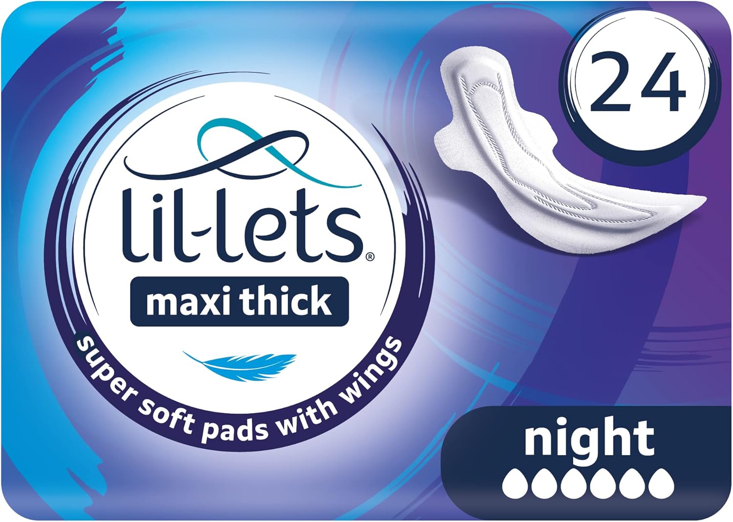 Lil-Lets Maxi Thick Period Pads X 24, Night Absorbency, with Wings, 1 Pack of 24 Maxi Pads, for Very Heavy/Extra Heavy Overnight Flow, Unscented, Nightime Sanitary Towel (Packing May Vary)