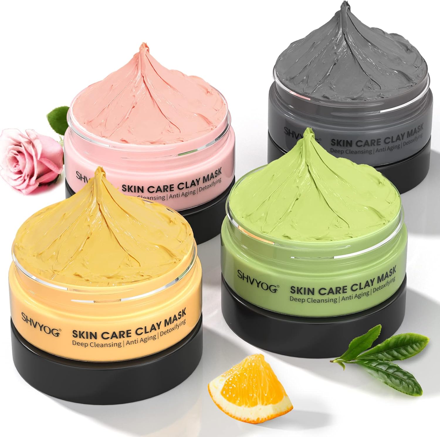 Clay Face Mask Kit, Vitamin C Clay Mask with Turmeric, Dead Sea Mud, Green Tea, Rose, Skin Care Facial Mask for Deep Cleansing, Controlling Oil and Refining Pores & Mask Brush(240g in Total)