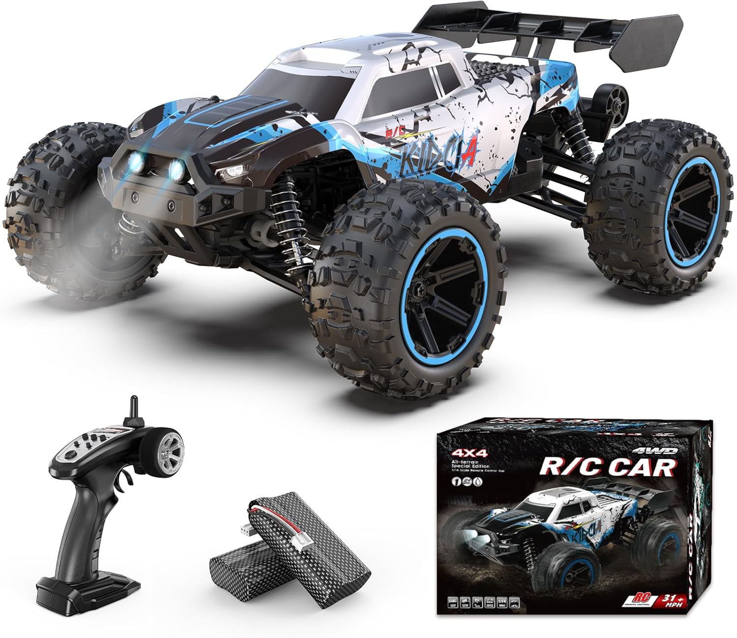 1:14 All Terrain RC Cars, 50 KPH High Speed 4WD RC Truck with 60 Mins Runtime, Fast Remote Control Car with 2S 2000 mAh Rechargeable Batteries, Off Road RC Cars for Adults and Teen Boy Gifts