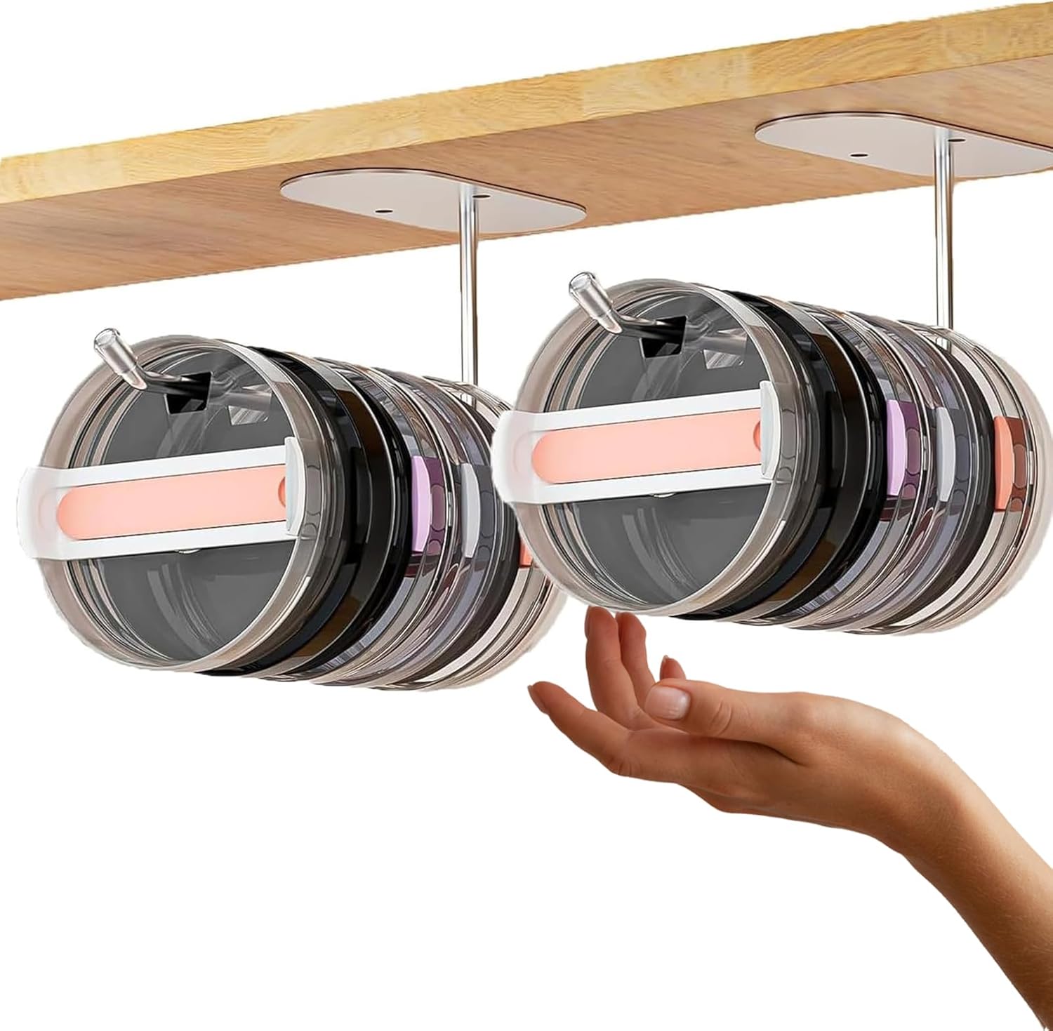2 Packs Tumbler Lid Organizer Self-Adhesive or Drilling Under Cabinet Cup Lid Hook Organizers Tumbler Lid Hanger for Kitchen Organizers and Storage for Up to 8 Lids (Silver)