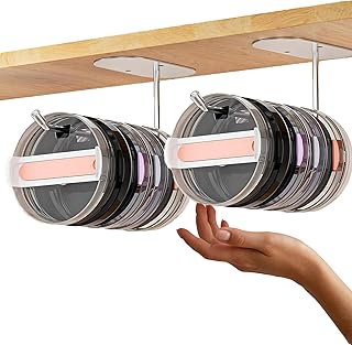 2 Packs Tumbler Lid Organizer Self-Adhesive or Drilling Under Cabinet Cup Lid Hook Organizers Tumbler Lid Hanger for Kitchen Organizers and Storage for Up to 8 Lids (Silver)