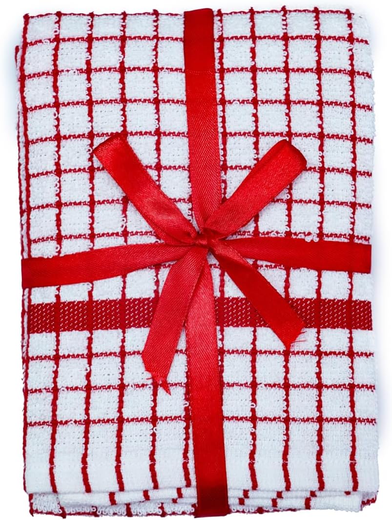 QUALITY HOME TEXTILES 100% Cotton Luxury Terry Towelling Tea Towels | Pack of 3| Kitchen Hand Towels Dish Cloth Super Absorbent Soft Touch | Hanging Loop | Gift Packed Tea Towels (Red)