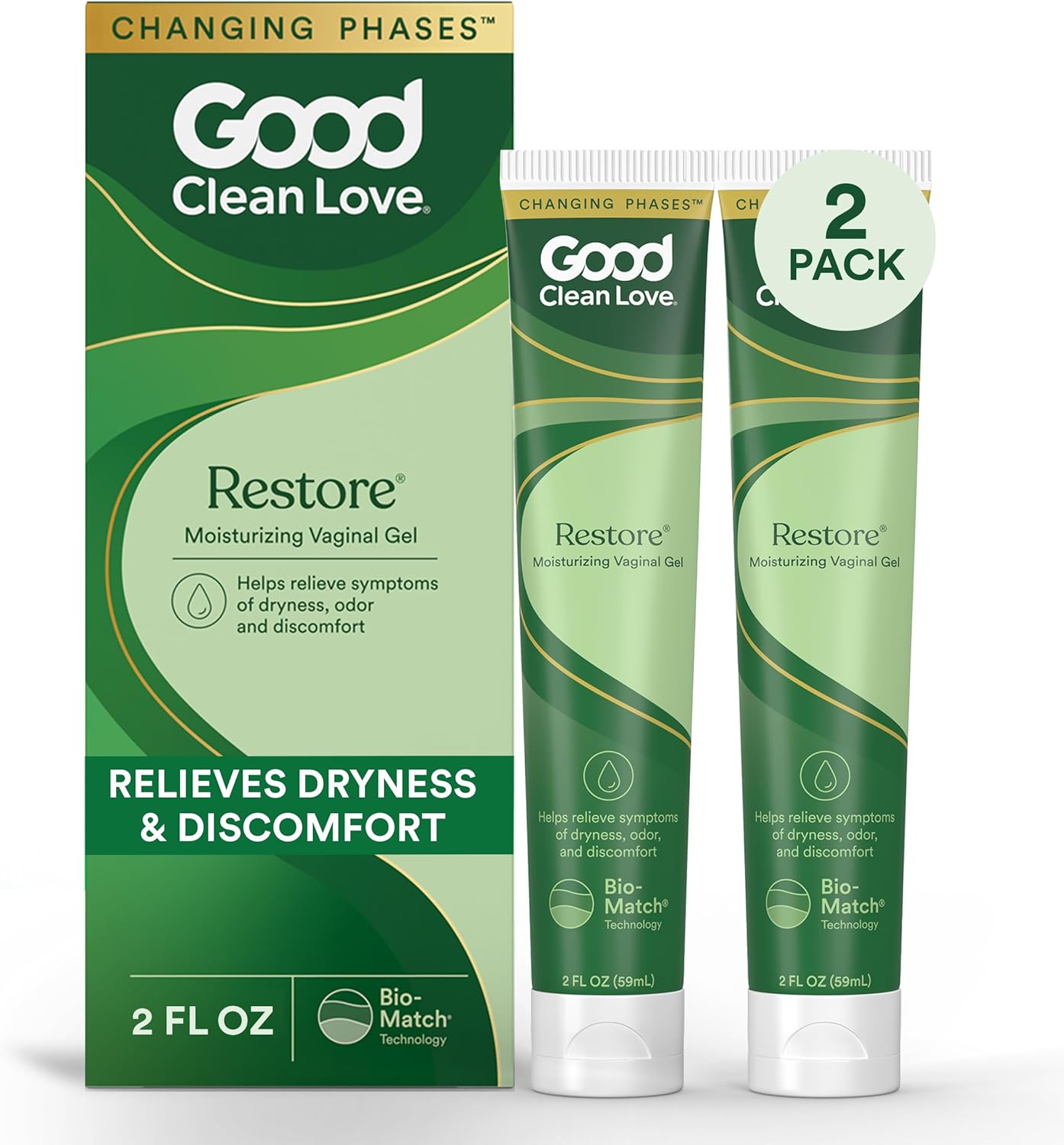 Good Clean Love Restore Moisturizing Vaginal Gel, pH-Balanced Vaginal Moisturizer, Water-Based Feminine Care with Aloe Vera & Lactic Acid, Reduces Dryness, Discomfort & Odor for Women, 2 Oz (2-Pack)