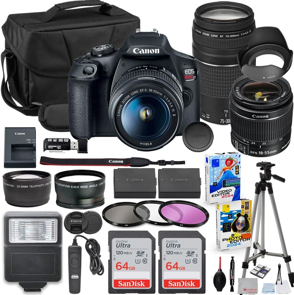 Canon EOS Rebel T7 DSLR Camera with 18-55mm & 75-300mm Lens Bundle with Extra Canon Battery + 2X 64GB Memory Cards + Accessory Kit Including Bag, Flash, Aux Lenses, Software & More