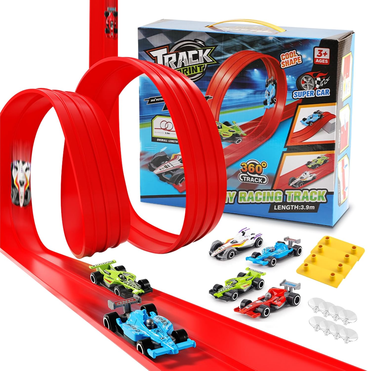 Flexible Toy Car Track Includes 4 Diecast Toy Cars for Racing, 4M Roll Up Race Track for Boys, Diecast Cars & Monster Trucks, Attach to Windows Doors for Bumps Jumps Tunnels Loops Suitable for Family