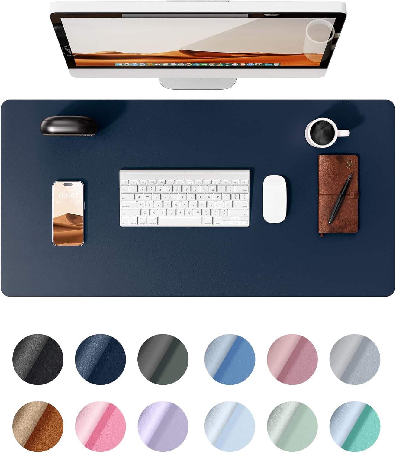 YSAGi Leather Desk Mat, Large Mouse Mat, Non-Slip Desk Pad, Waterproof PU Leather Table Protector Writing Pad for Office and Home (60 x 35 cm, Dark Blue)