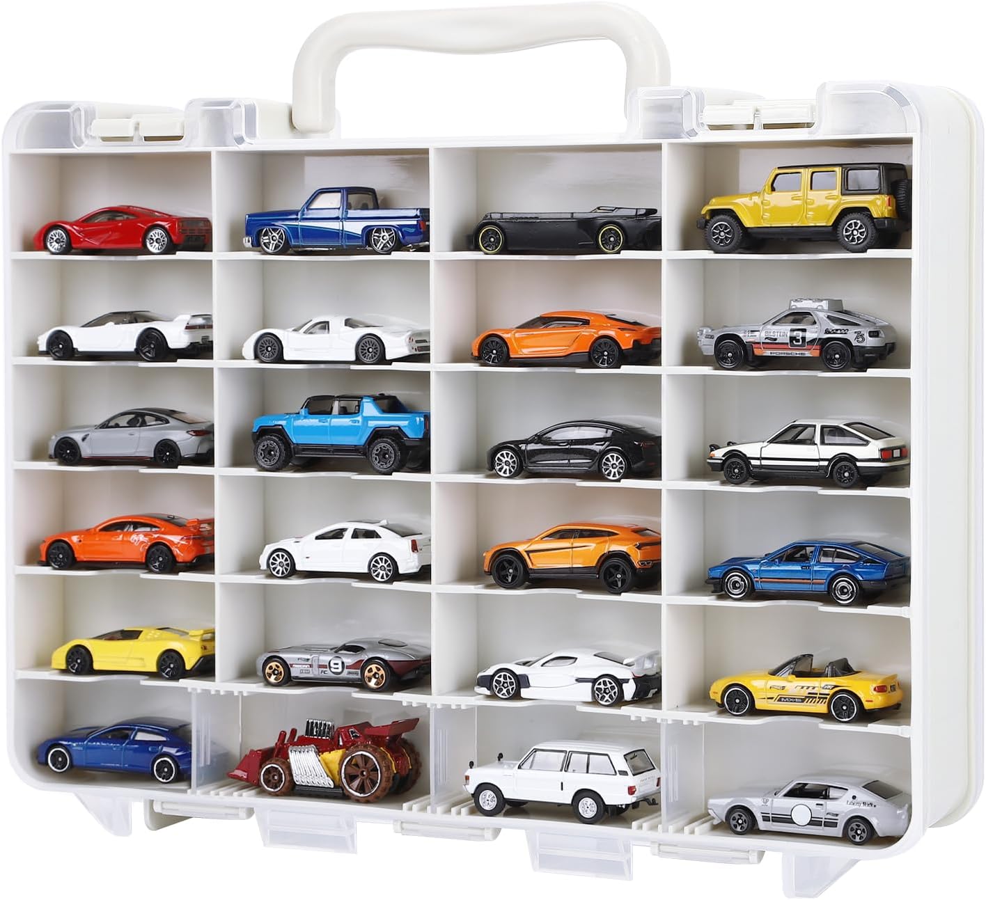 Hot Wheels Storage Case: Carrying Display Case for 1/64 Scale Toy Cars, 48-Slot Double-Sided Transparent Organizer with Built-in Steps Prevent Sliding & Adjustable Dividers