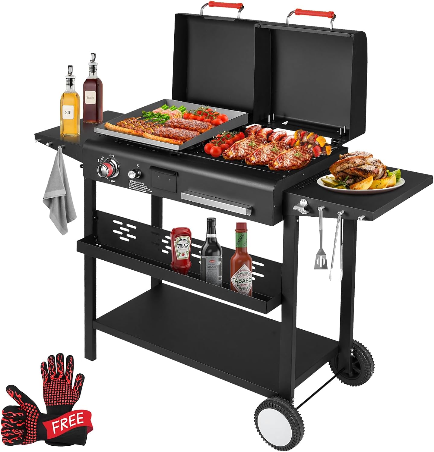 Propane and Charcoal Grill Combo, Gas Griddle Grill Combo Two Fuel BBQ Grills with Long Silicone Non-Slip Grill Gloves, Dual Fuel Lids and Side Shelves
