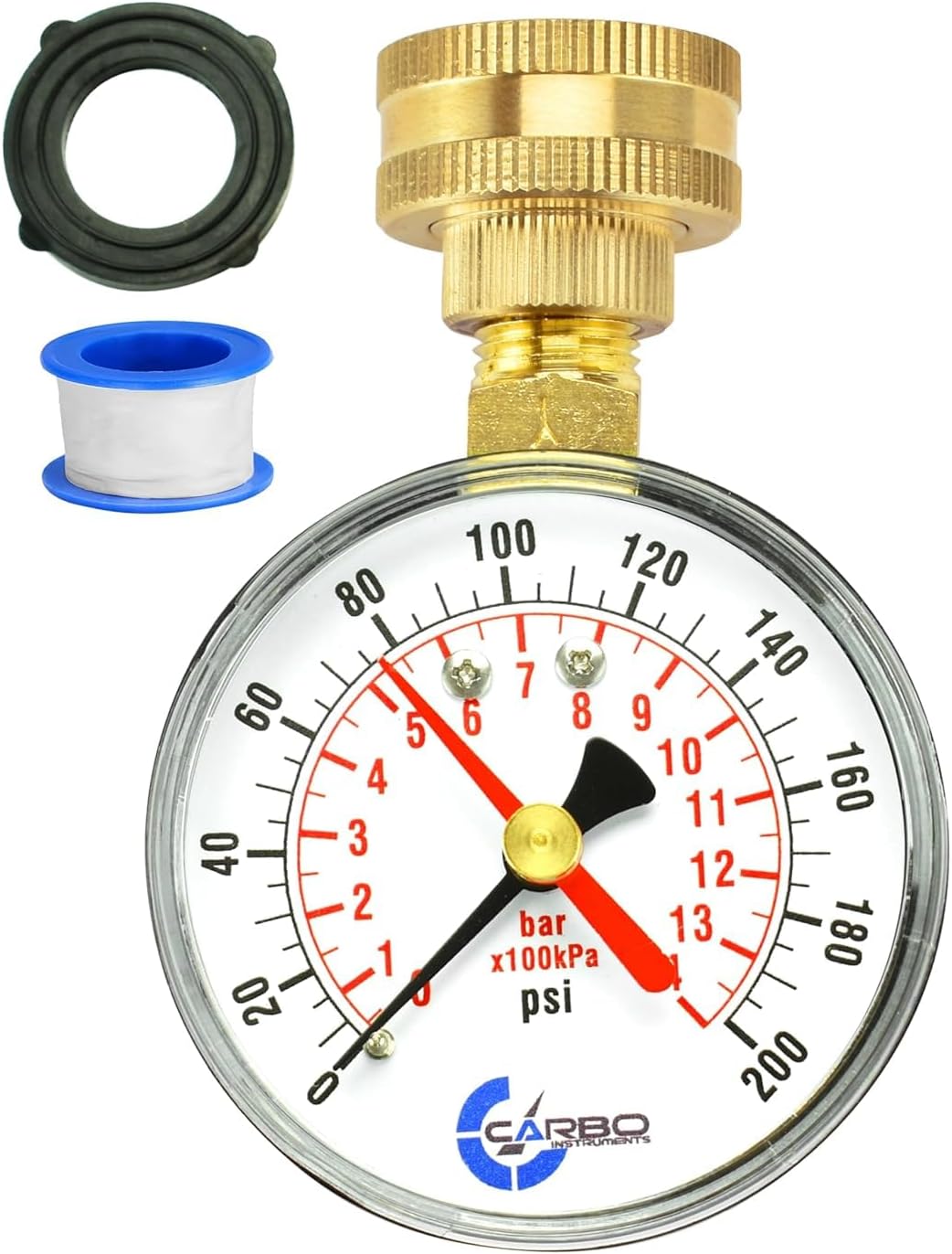 2-1/2" Water Pressure Test Gauge, 0-200 PSI, Red Max Pointer, 3/4" Female Hose Thread, Rust-Free Corrosion-Resistant Case, Brass Connector, for Home, Garden, RV, Indoor/Outdoor
