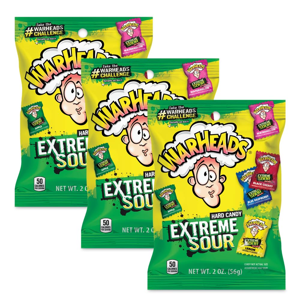 WARHEADS - Extreme Sour Hard Candy - Assorted Flavors - Sour Apple, Black Cherry, Blue Raspberry, Lemon & Watermelon Flavors - 2 oz. Bags - 3 Pack