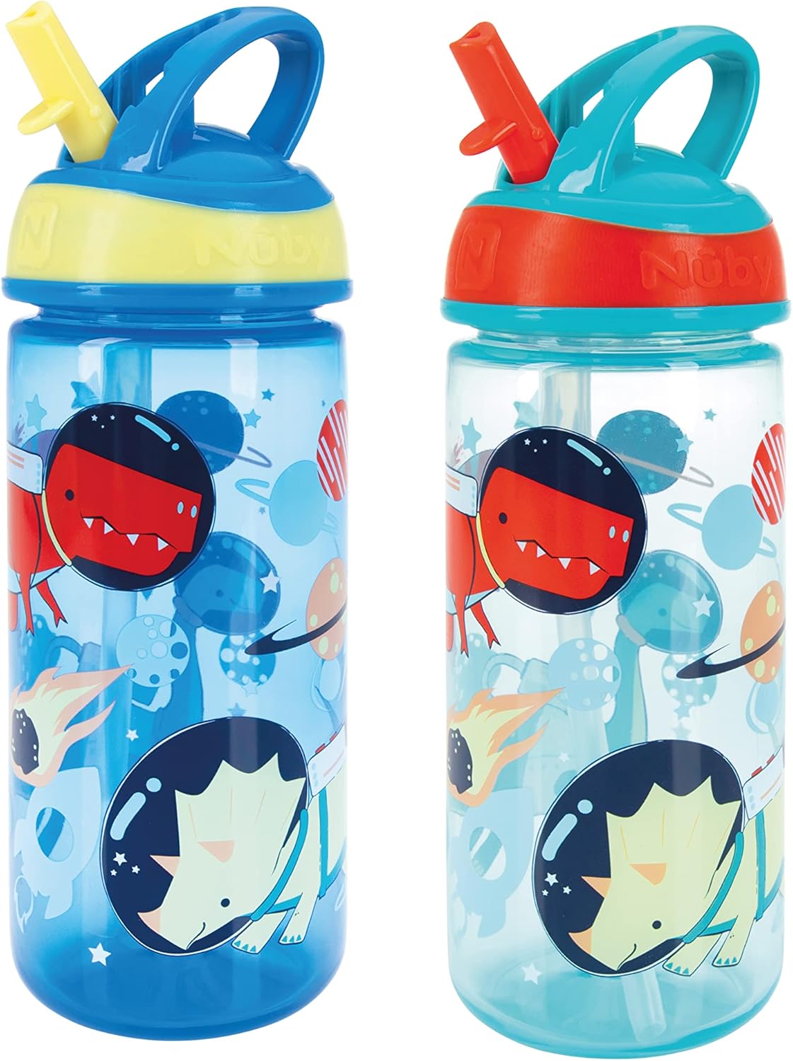 Nuby Super Flip Water Bottle-No Spill Active Toddler Sippy Cup|540ml/18oz |Carry Handle|Freeflow|Dishwasher, Steriliser Safe|Suitable Beaker for 18 Months Plus (Dinosaurs, Pack of 2)