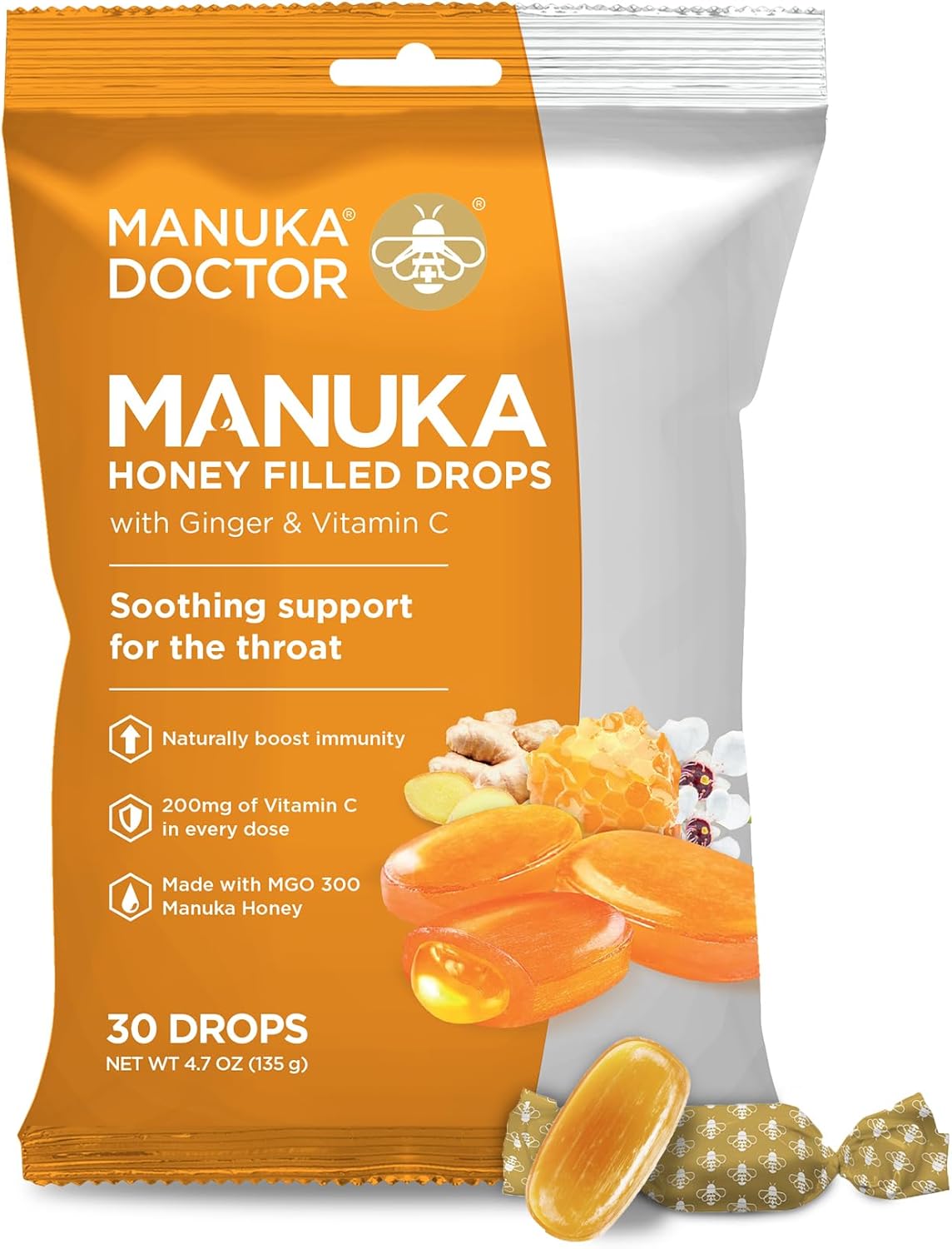 Manuka Doctor Cough Drops, Manuka Middles, 30 Drops (Pack of 1) Bag Throat Lozenges Infused with Raw Manuka Honey, Vitamin C & Ginger for Immune Support, Helps Soothe Sore Throat