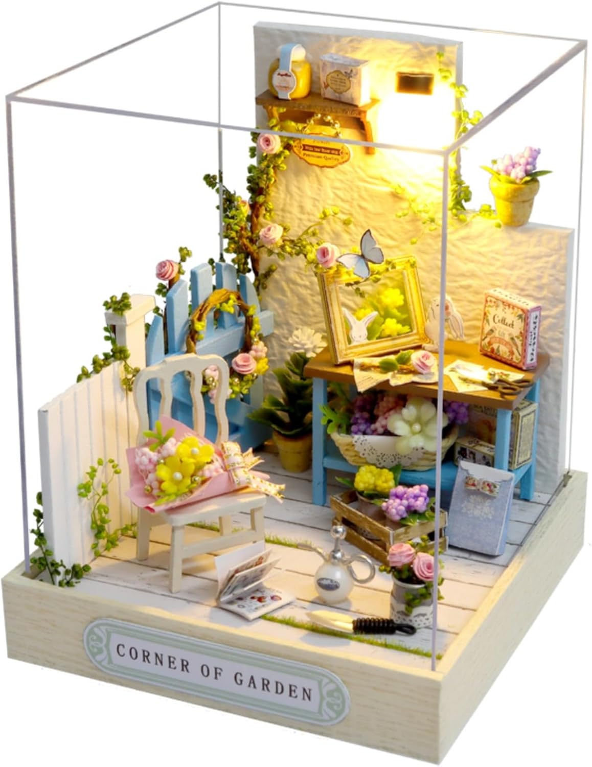OZJAY DIY Miniature House Kit with Dust Proof Cover, 1:24 Scale Creative Room Mini DIY Wooden Dollhouse Miniature Kit for Adults Teen, Corner Garden