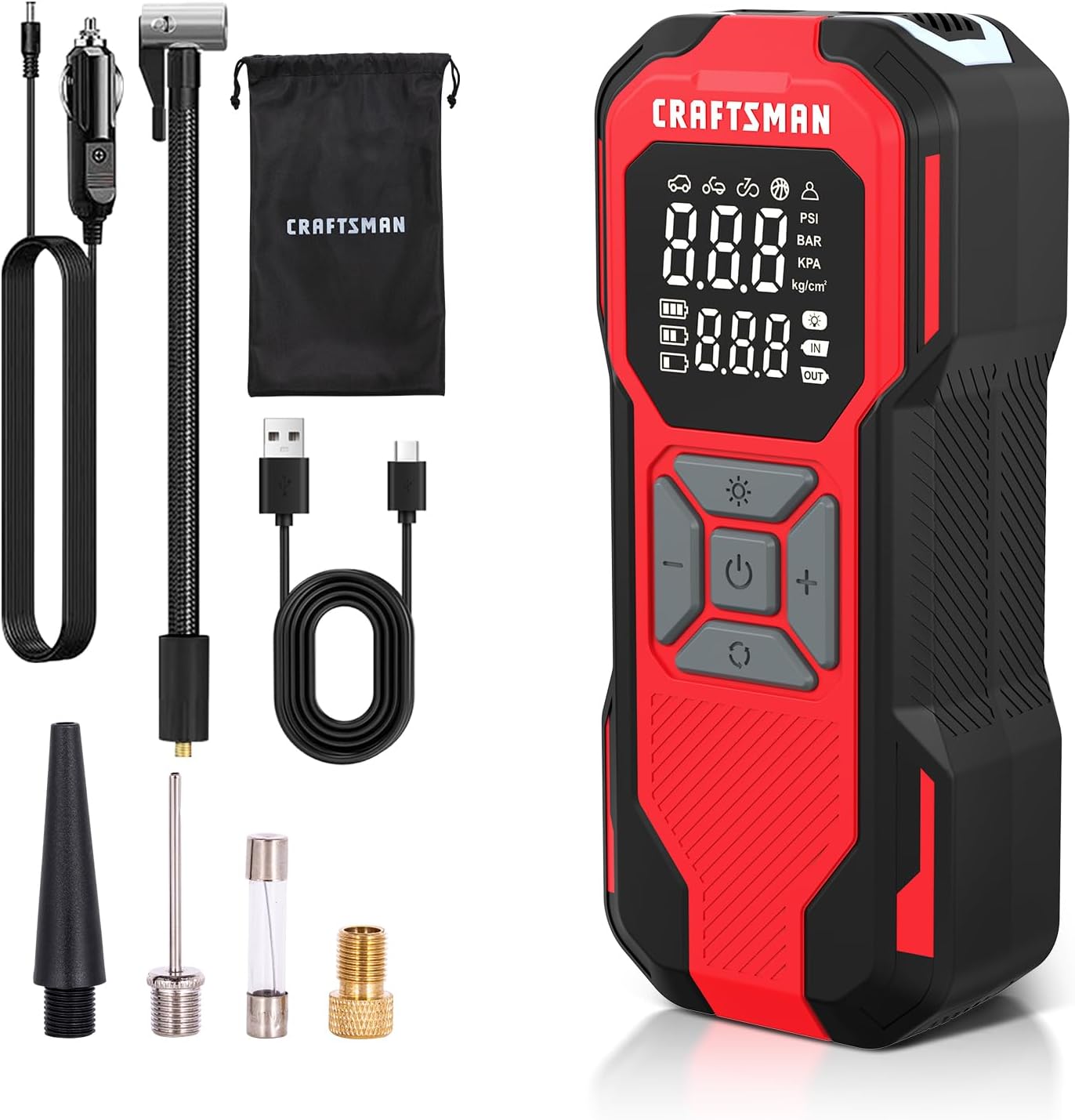 CRAFTSMAN Tire Inflator Portable Air Compressor, Cordless Mini Air Pump for Car Tires with Digital Tire Pressure Gauge, 6000mAh Battery Powered Air Pump, Max Pressure 150 PSI, 12V DC Corded