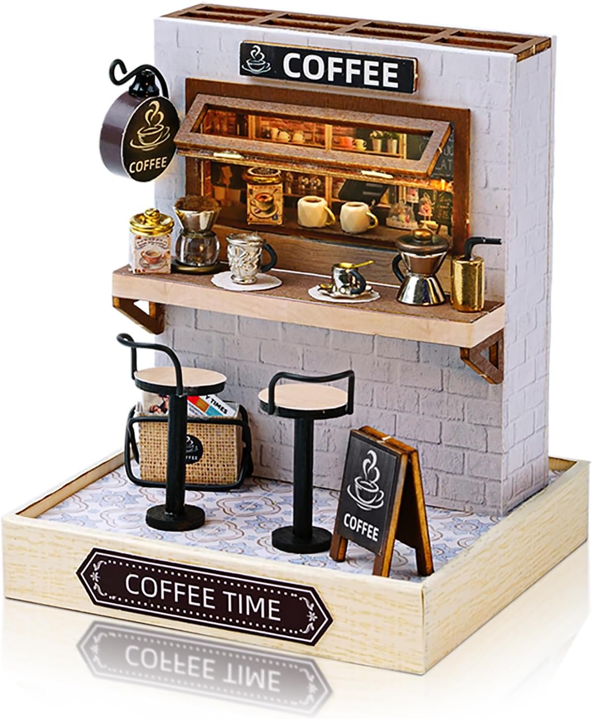Cuteefun DIY Wooden DollHouse Kit, DIY Miniature Doll House Kits with Furniture and Dust Cover, Handmade Miniature Kit for Teens Adult Gift (Coffee Shop)