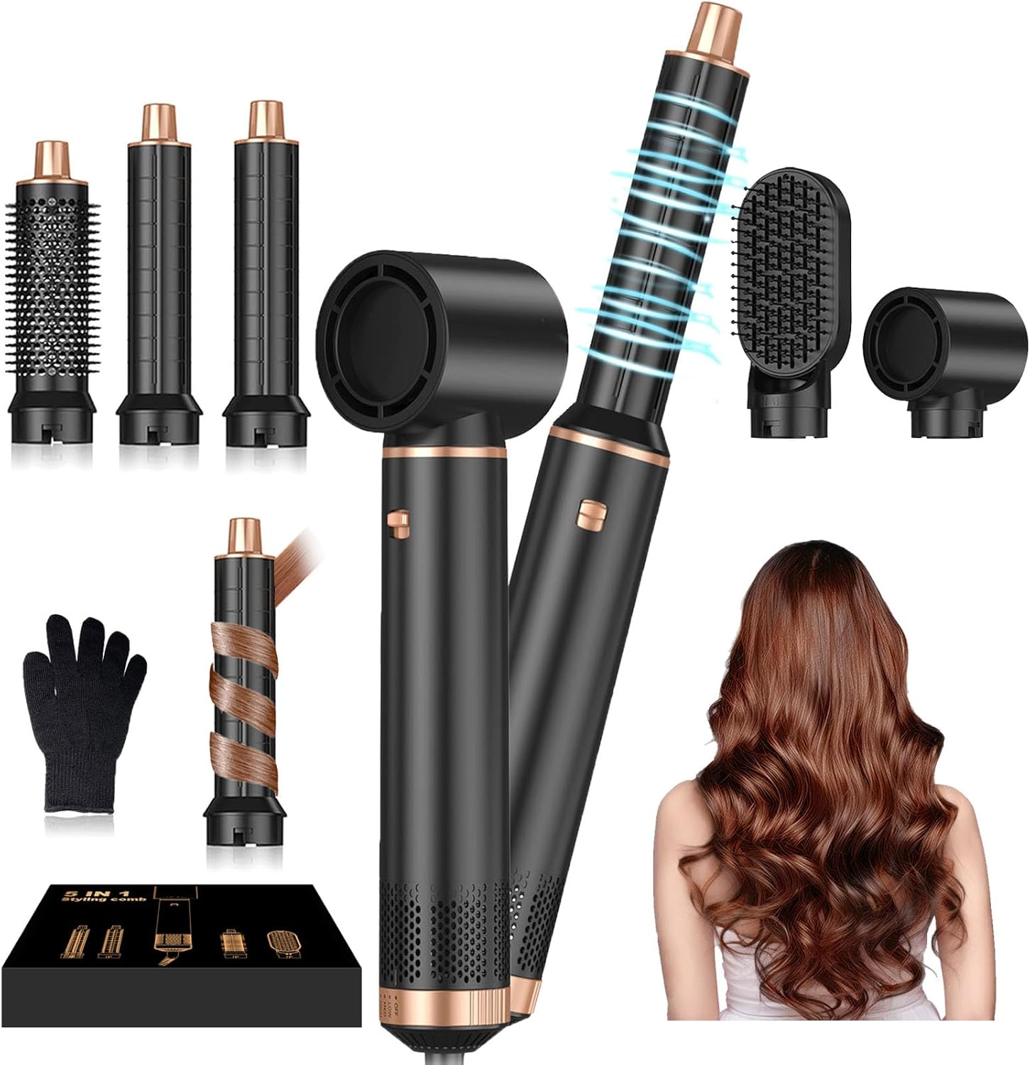 Airbrush Hair Styler 5 in 1, 5 in 1 Hair Styler,Airstyler Multi-Blow Dryer Brush Set with Curl, Straighten, Wavy, Smooth, Magic Styler for All Hair Types and Lengths