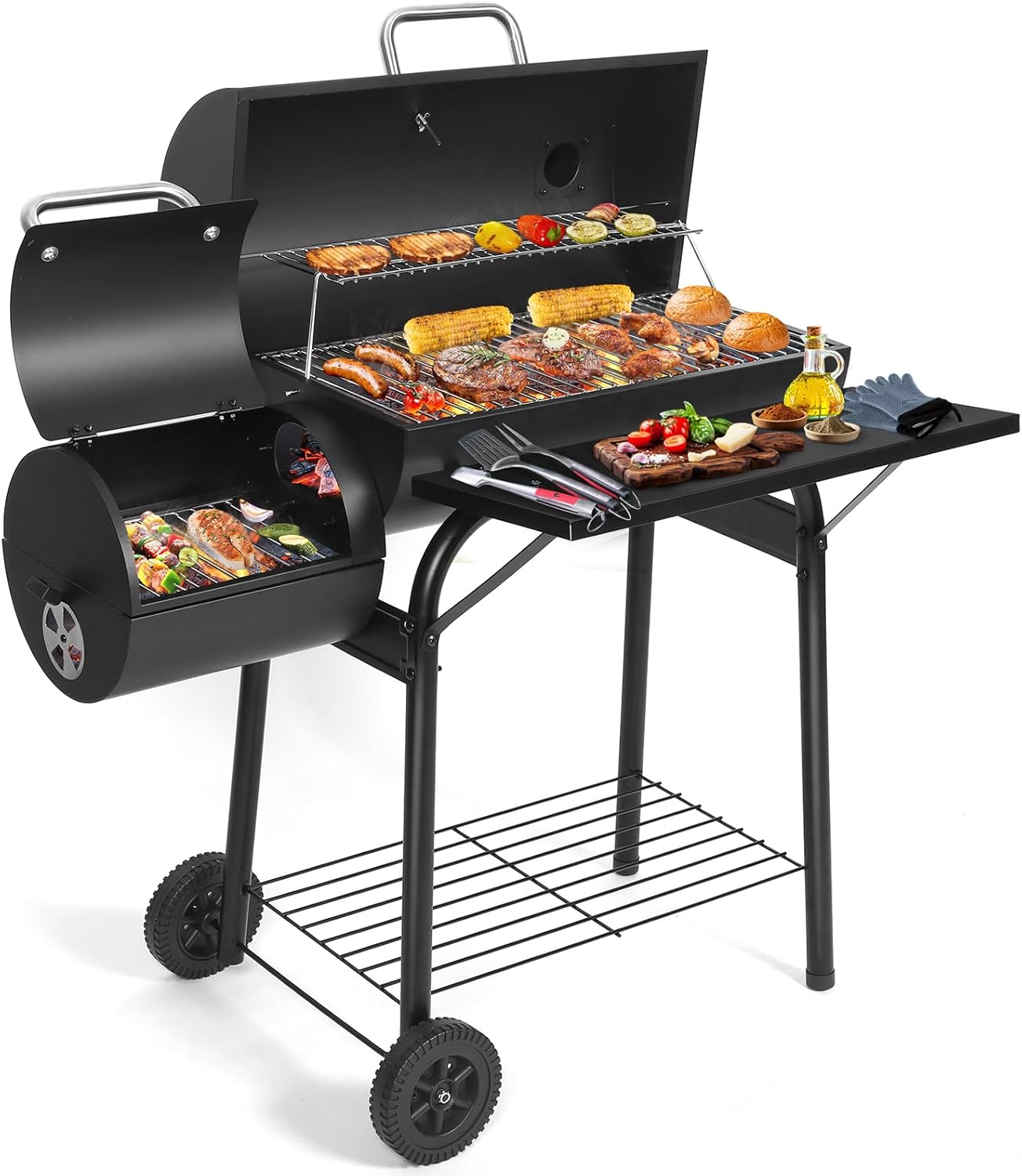 Charcoal BBQ Grill With Offset Smoker: Large Oil Drum Barbecue Barrel Grill For Outdoor Garden