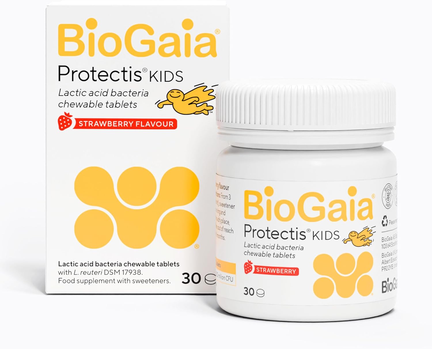 BioGaia Protectis Kids Tablets | 30 Chewable Probiotic Supplements with 100 Million Live L. Reuteri | Gut Health and Comfort | Digestive System Support for Children - Strawberry Flavour