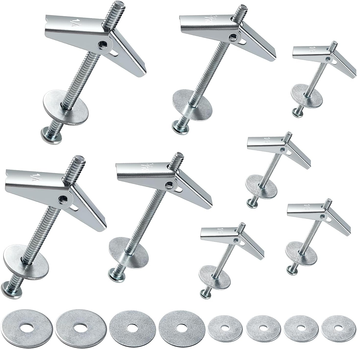 Lyeteung 8 Sets 3 Sizes 1/8 Inch, 3/16 Inch, 1/4 Inch Spring Toggle Fixings, Wing Spring Toggle Bolt, Toggle Bolt and Wing Nut Assortment Kit, with Washers, for Plasterboard, Cavity Wall